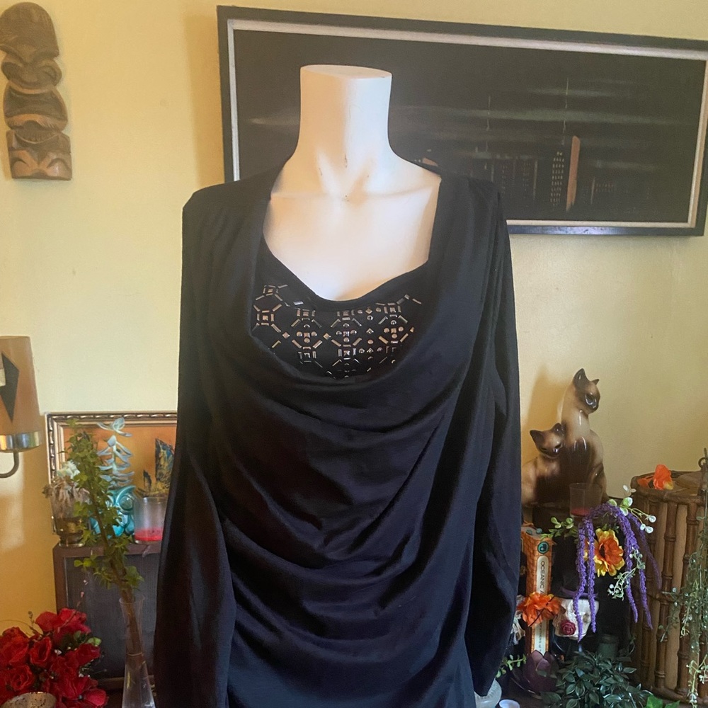 Ladies cowl neck studded embellished long sleeve blouse drape casual chic